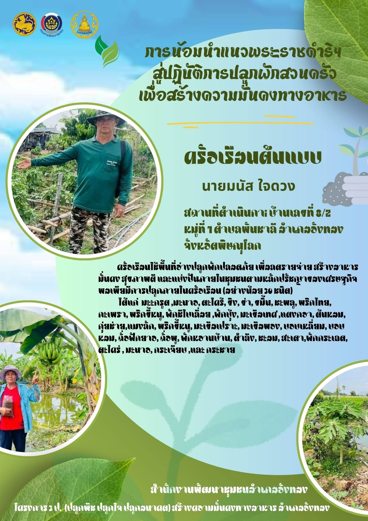 สพอ.วังทอง ขอประชาสัมพันธ์ "ครัวเรือนต้นแบบ" การน้อมนำแนวพระราชดำริสู่ปฏิบัติการปลูกผักสวนครัว เพื่อสร้างความมั่นคงทางอาหาร